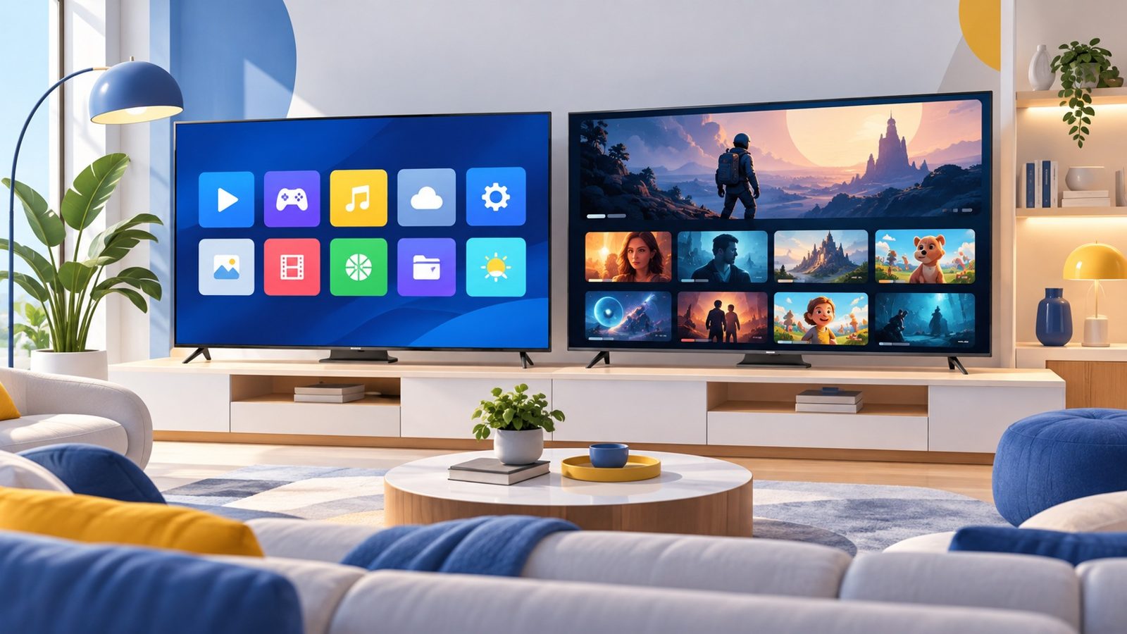 Deux téléviseurs côte à côte dans un salon : l'un affiche un menu d'applications aux icônes colorées, l'autre une interface de recommandations de films et de séries en vignettes
