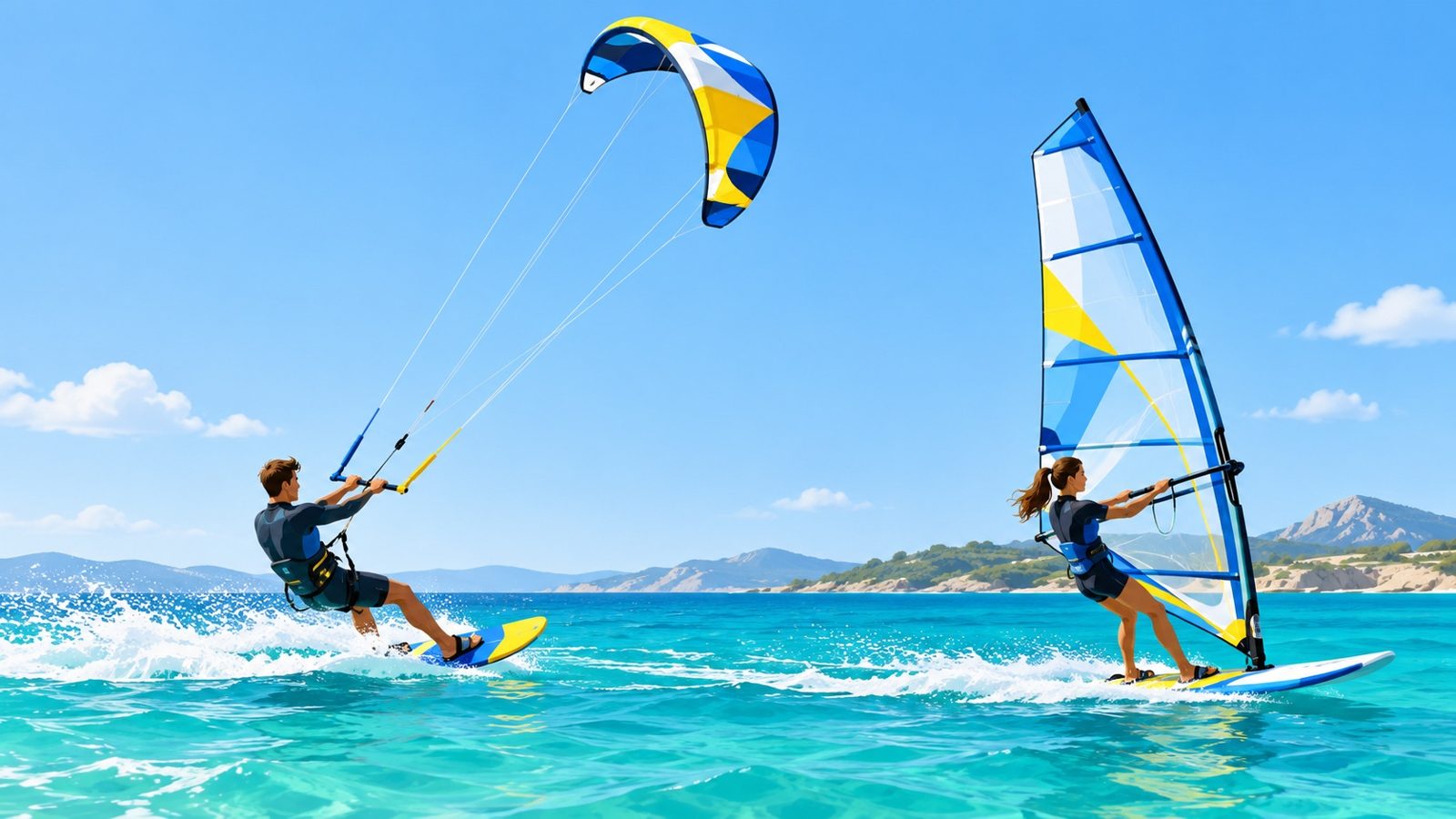 Deux sportifs côte à côte sur une mer turquoise : à gauche un kitesurfeur tiré par une grande aile colorée qui vole haut dans le ciel, à droite un véliplanchiste tenant la voile de sa planche à voile