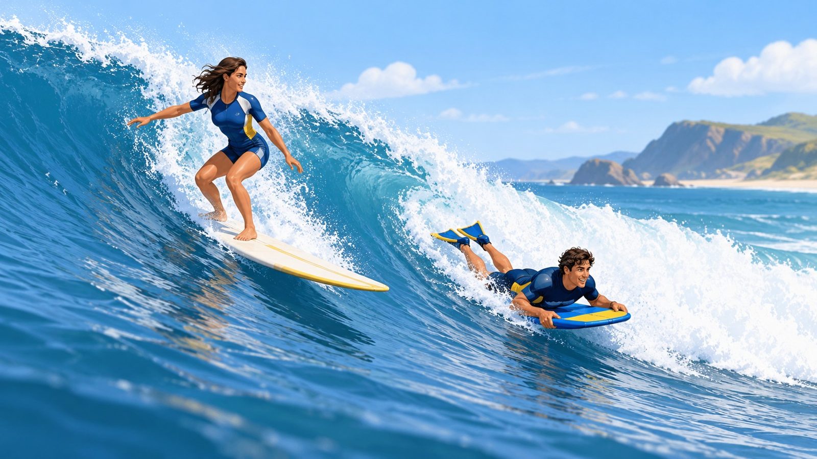 Deux sportifs sur la même vague : à gauche un surfeur debout sur une longue planche, à droite un bodyboardeur allongé sur une planche courte, palmes aux pieds