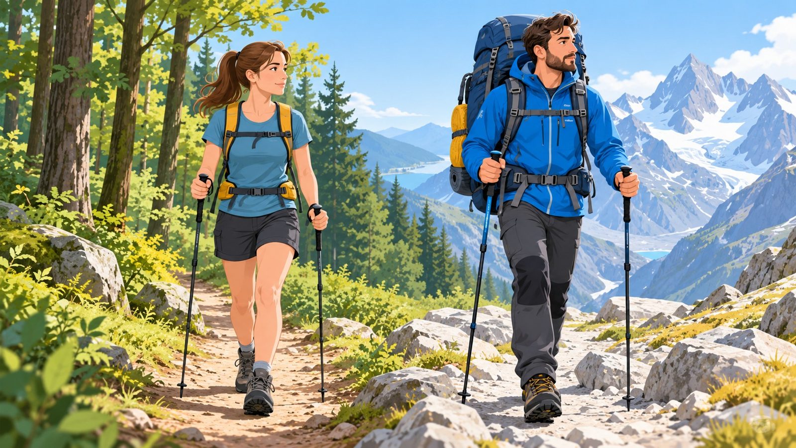 Deux marcheurs côte à côte : à gauche une randonneuse avec un petit sac de journée sur un sentier en forêt, à droite un trekkeur avec un gros sac à dos sur un chemin de haute montagne