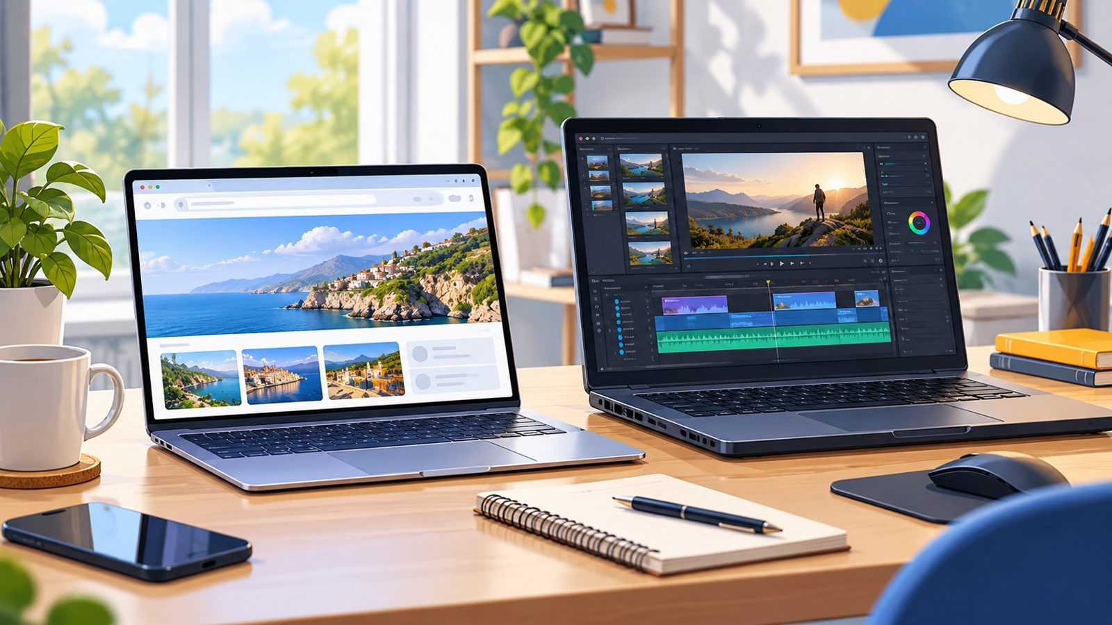 Chromebook fin affichant un navigateur web à côté d'un ordinateur portable plus épais affichant un logiciel de montage vidéo, sur un bureau