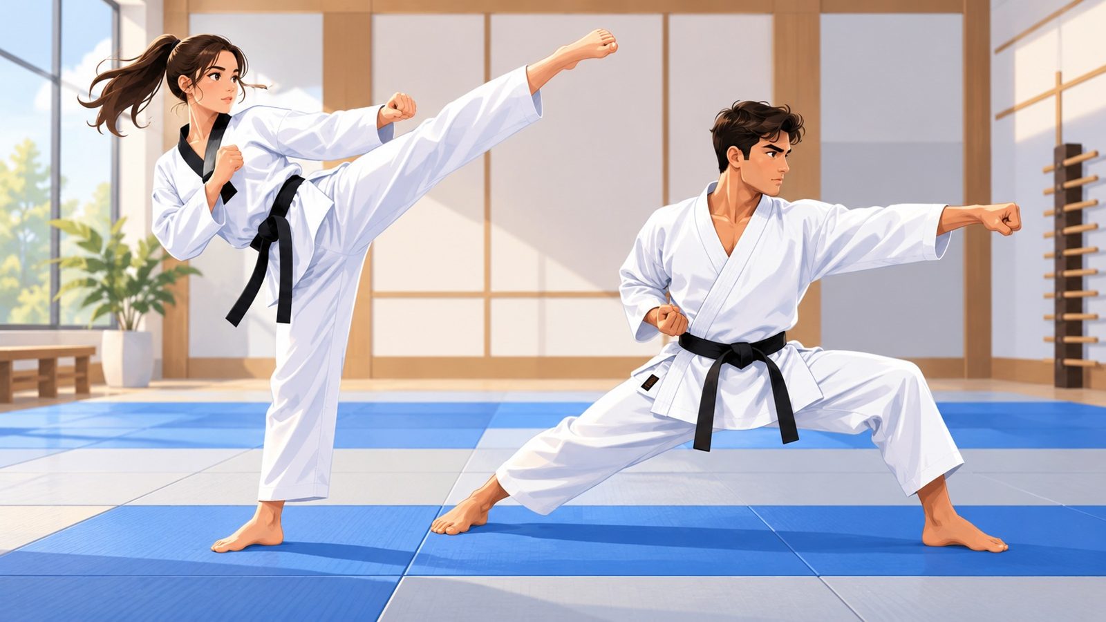 Deux pratiquants côte à côte dans un dojo : à gauche une taekwondoïste qui donne un coup de pied haut, à droite un karatéka en position basse qui donne un coup de poing