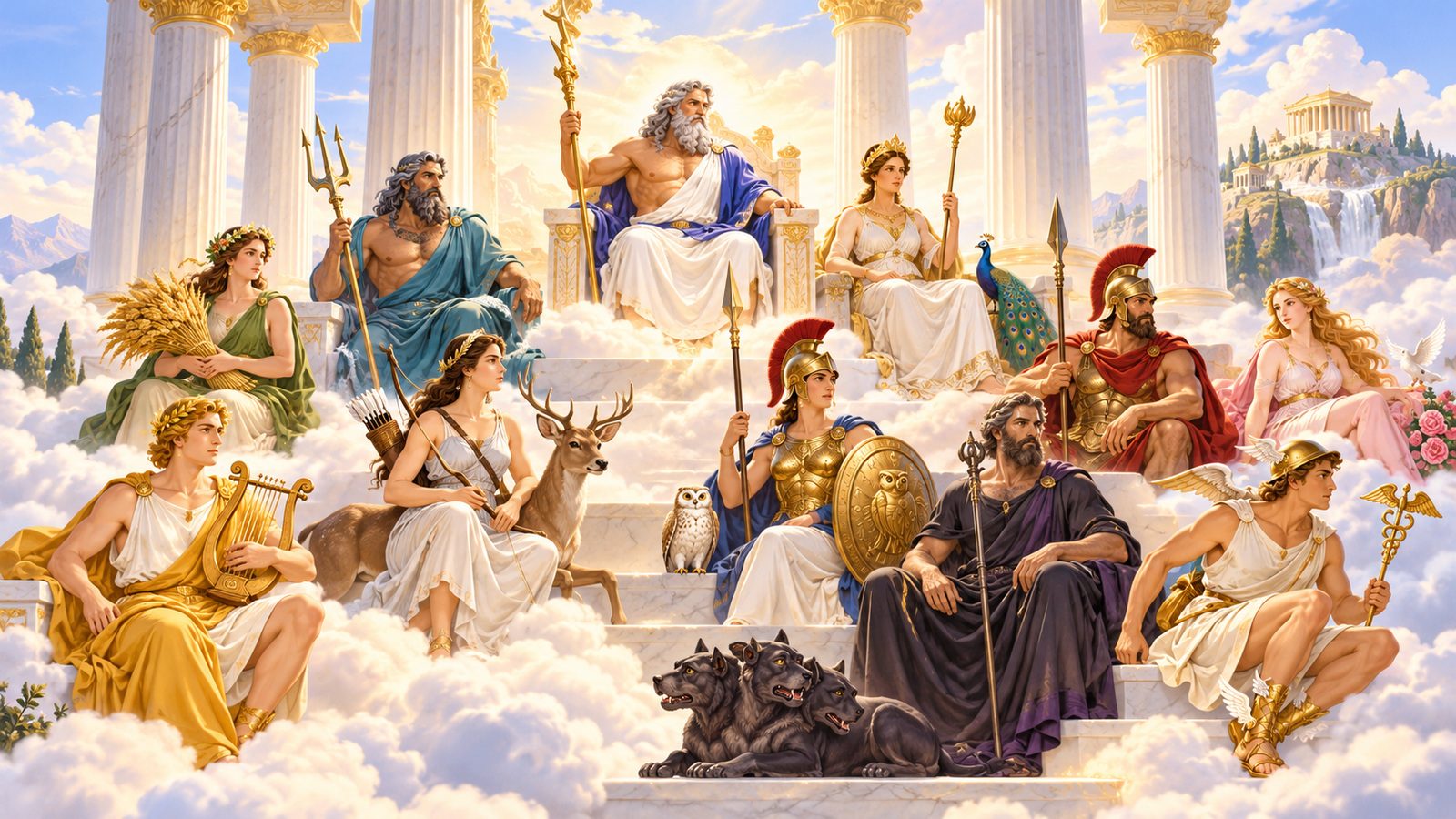 Illustration des dieux grecs réunis sur le mont Olympe au-dessus des nuages