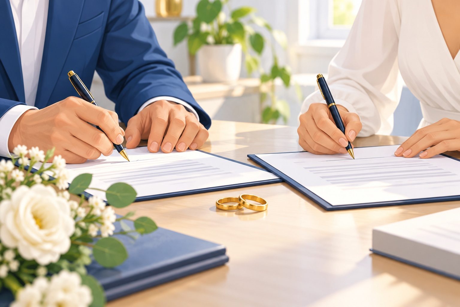 Couple qui signe des documents sur une table avec deux alliances posées à côté