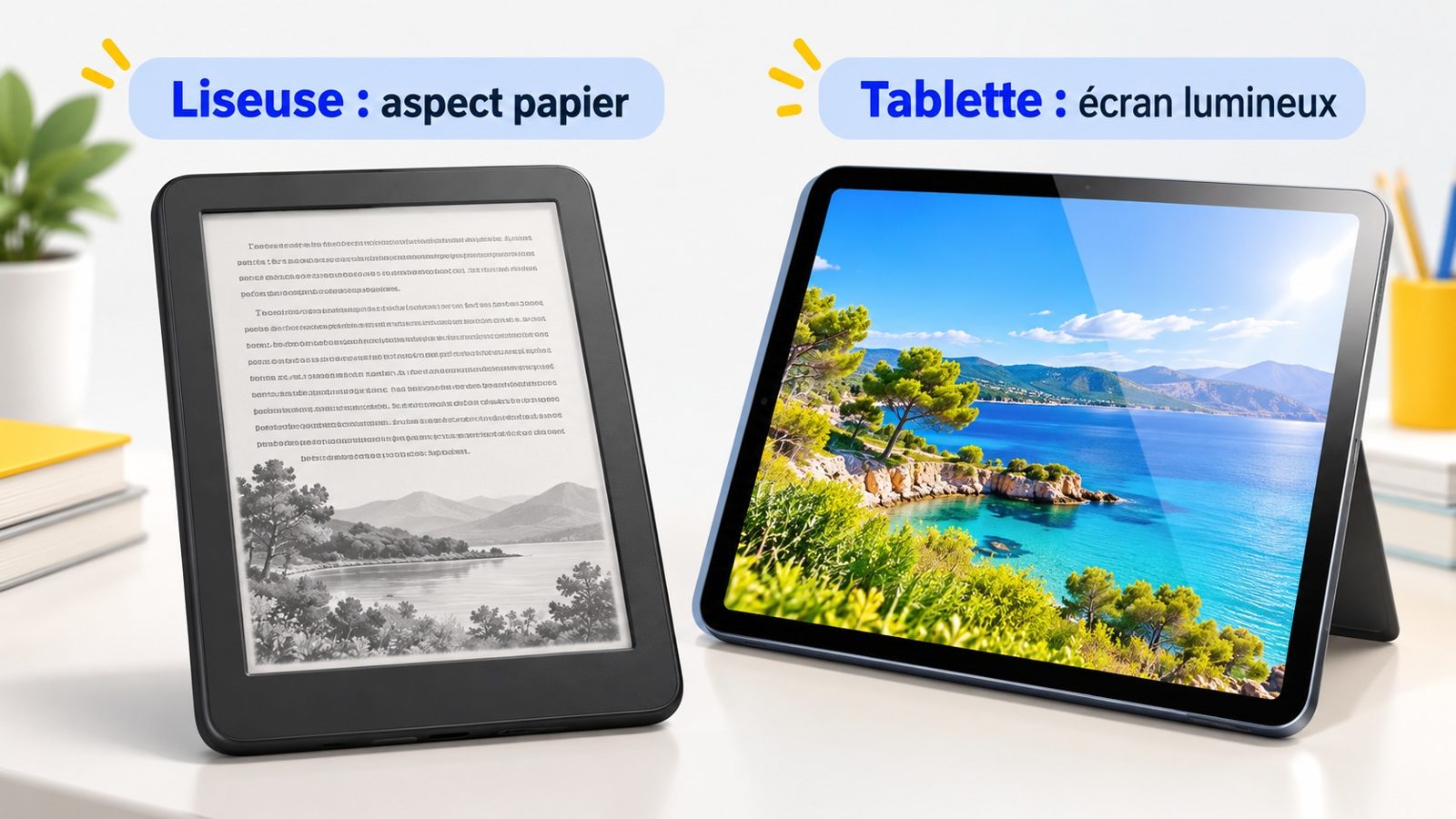 Comparaison en gros plan d'un écran de liseuse à encre électronique et d'un écran de tablette couleur rétroéclairé