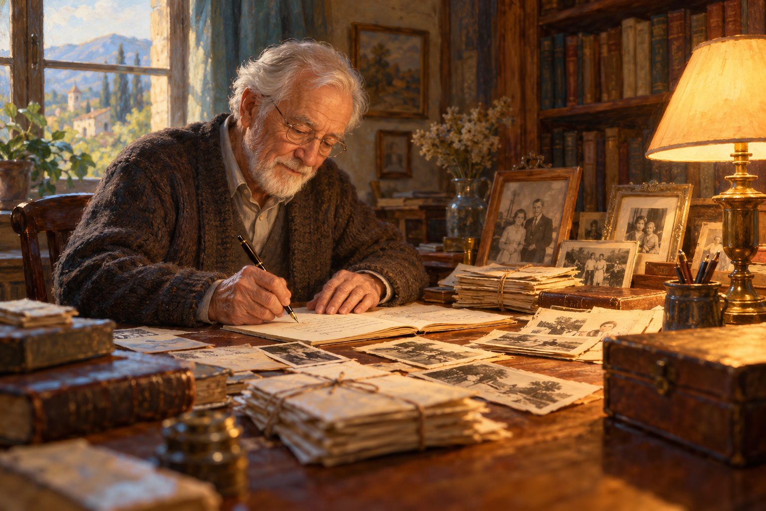 Écrivain âgé écrivant ses souvenirs à son bureau, entouré de vieilles photos de famille et de lettres