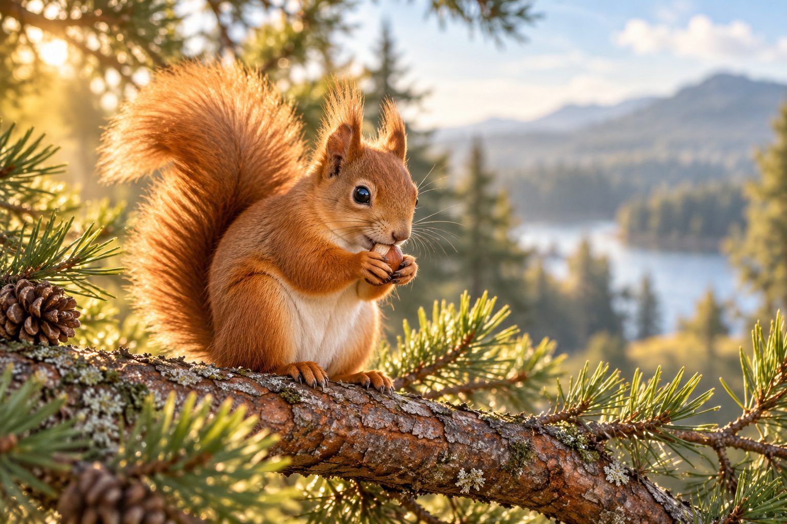 Écureuil roux assis sur une branche de pin en train de grignoter une noisette dans une forêt