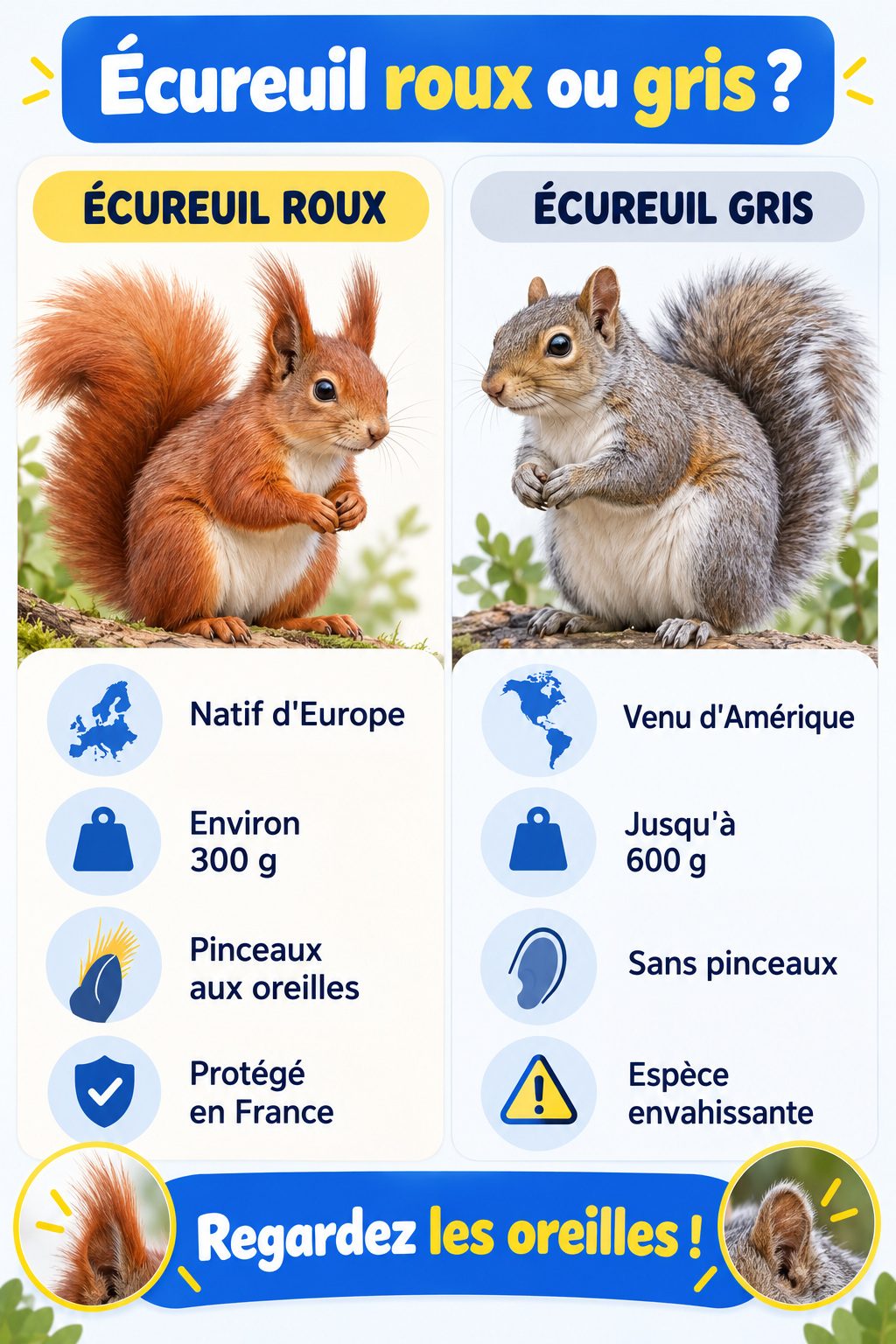 Différence entre écureuil roux et écureuil gris : infographie comparative