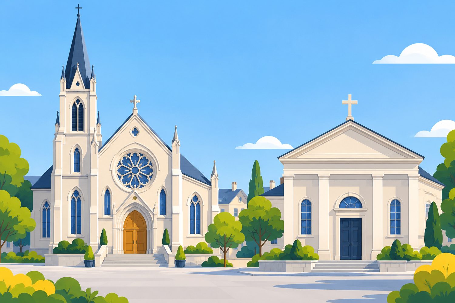 Façade d'une église catholique à clocher et d'un temple protestant sobre