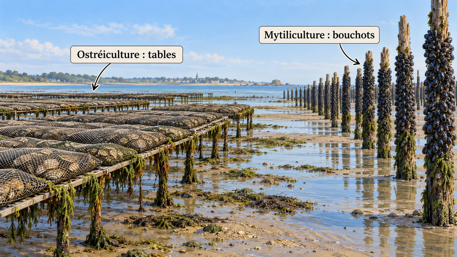 Tables ostréicoles et bouchots à moules dans une baie à marée basse