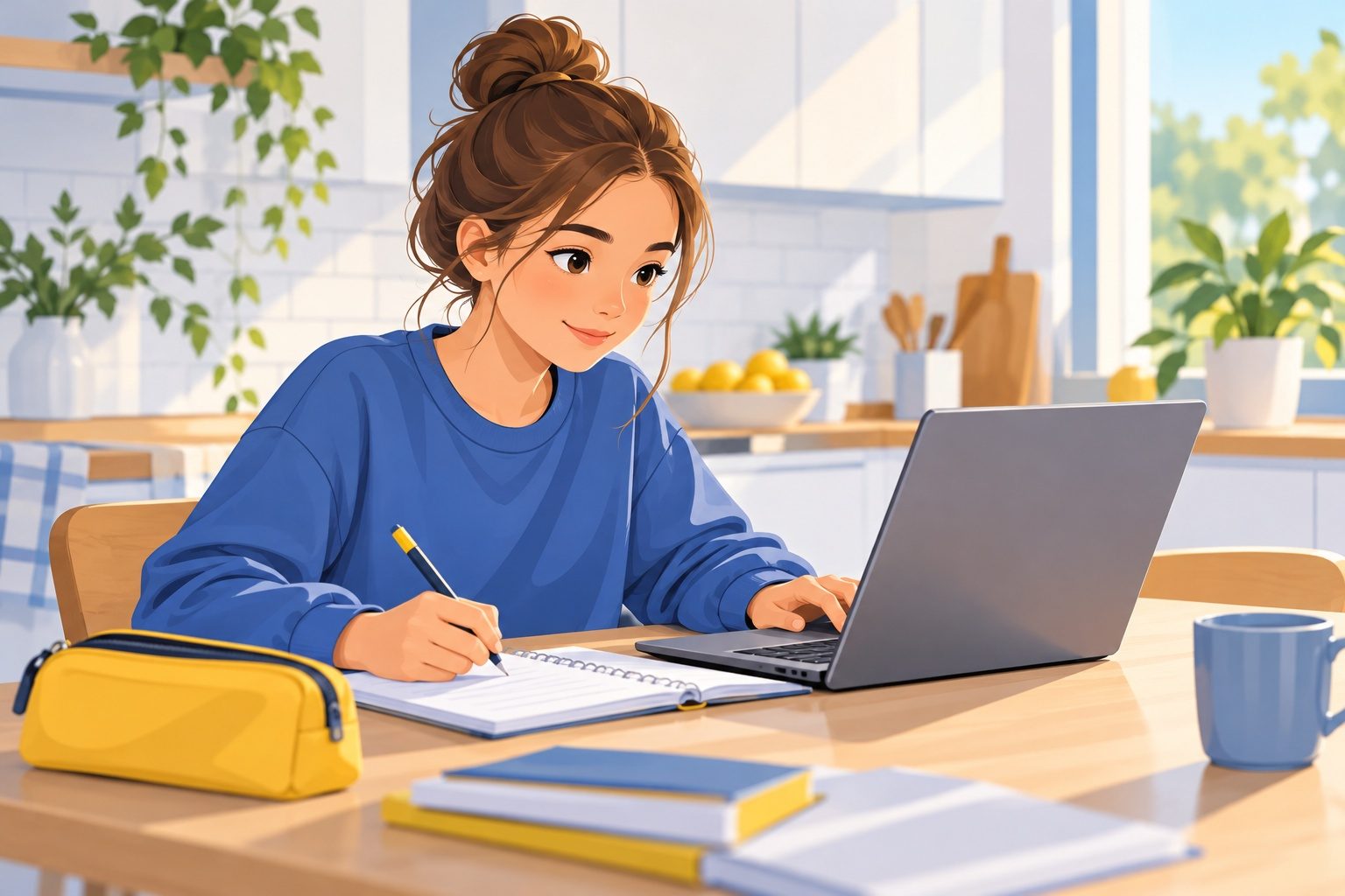 Élève qui travaille sur un ordinateur portable léger à une table de cuisine, avec un cahier et une trousse à côté