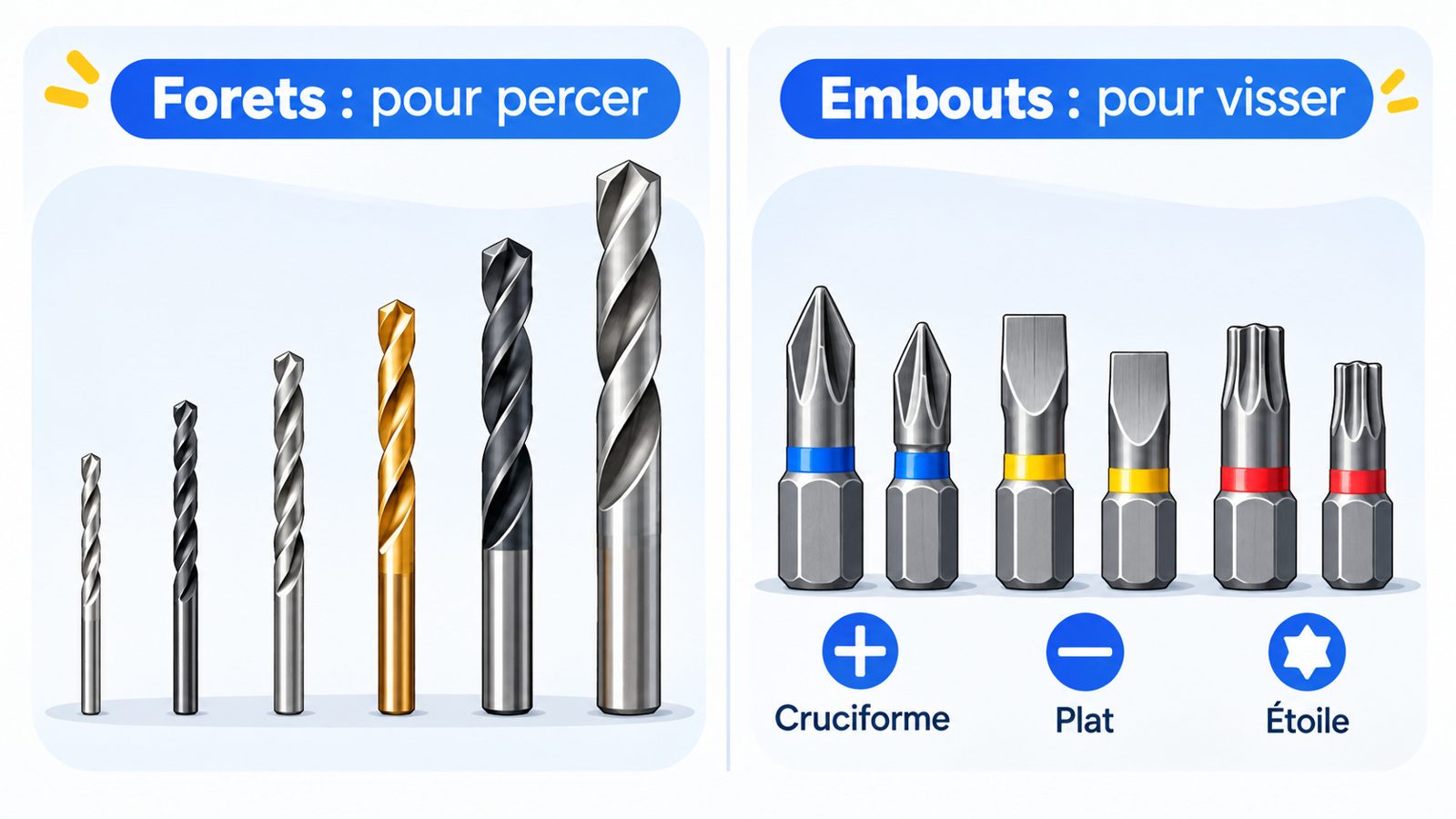 Comparaison d'un foret de perçage et d'embouts de vissage