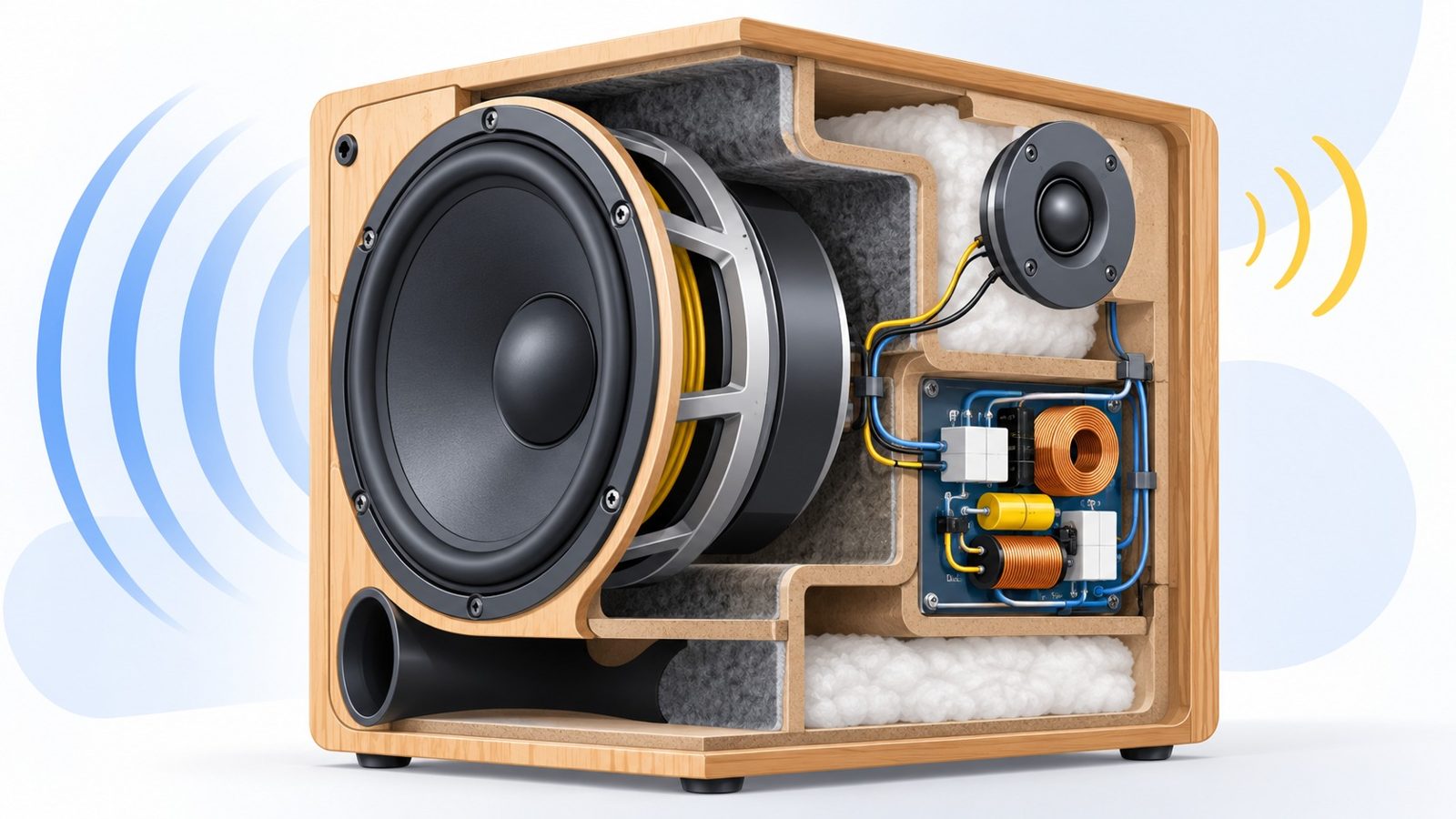 Vue en coupe d'une enceinte en bois montrant à l'intérieur un grand haut-parleur de graves, un petit tweeter et un filtre électronique