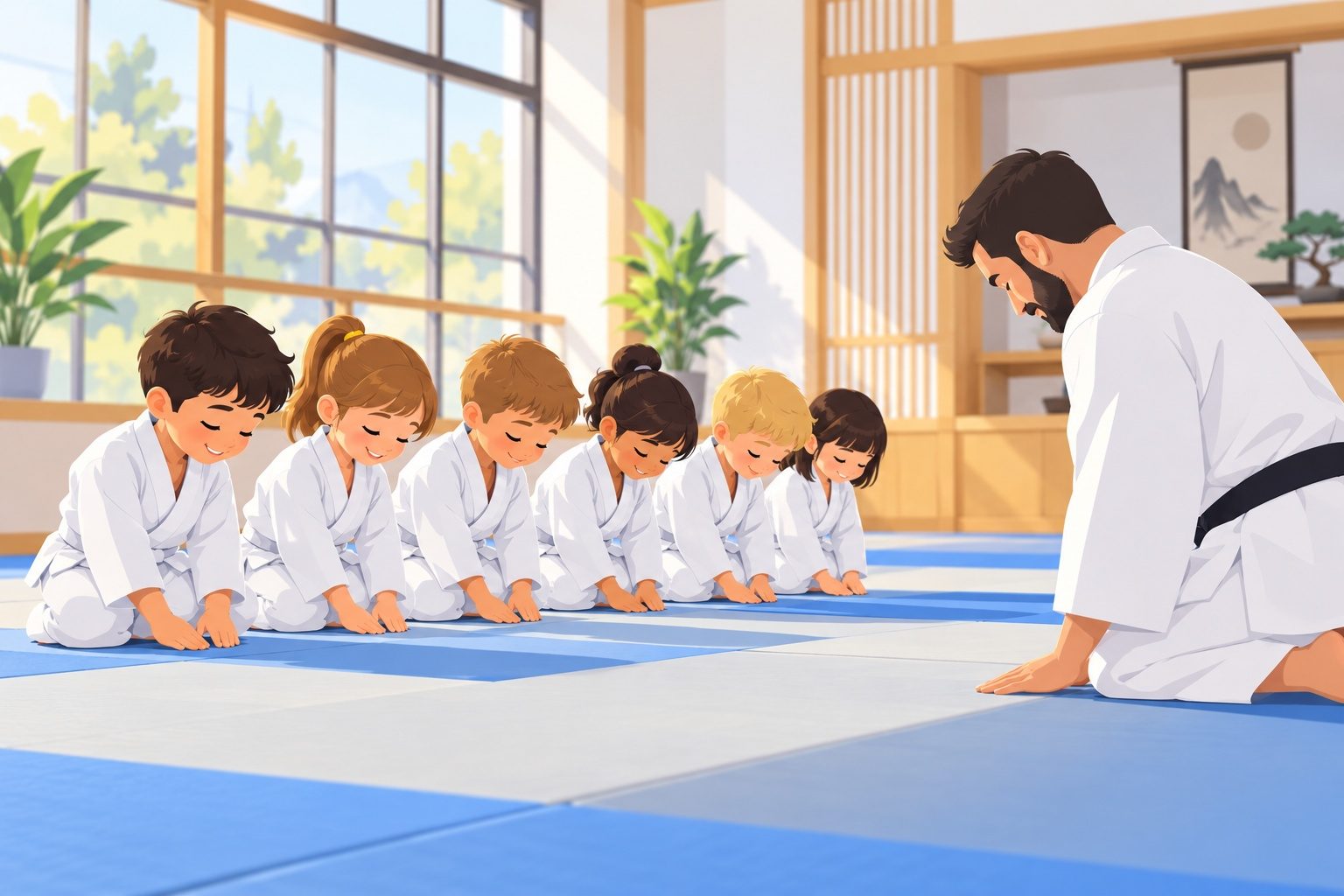 Enfants en kimono saluant leur professeur dans un dojo