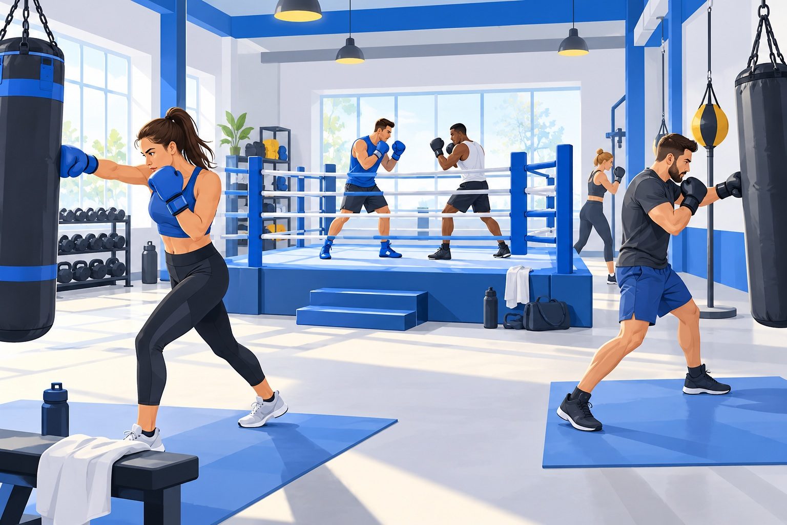 Salle de boxe lumineuse avec un ring, des sacs de frappe et des sportifs qui s'entraînent