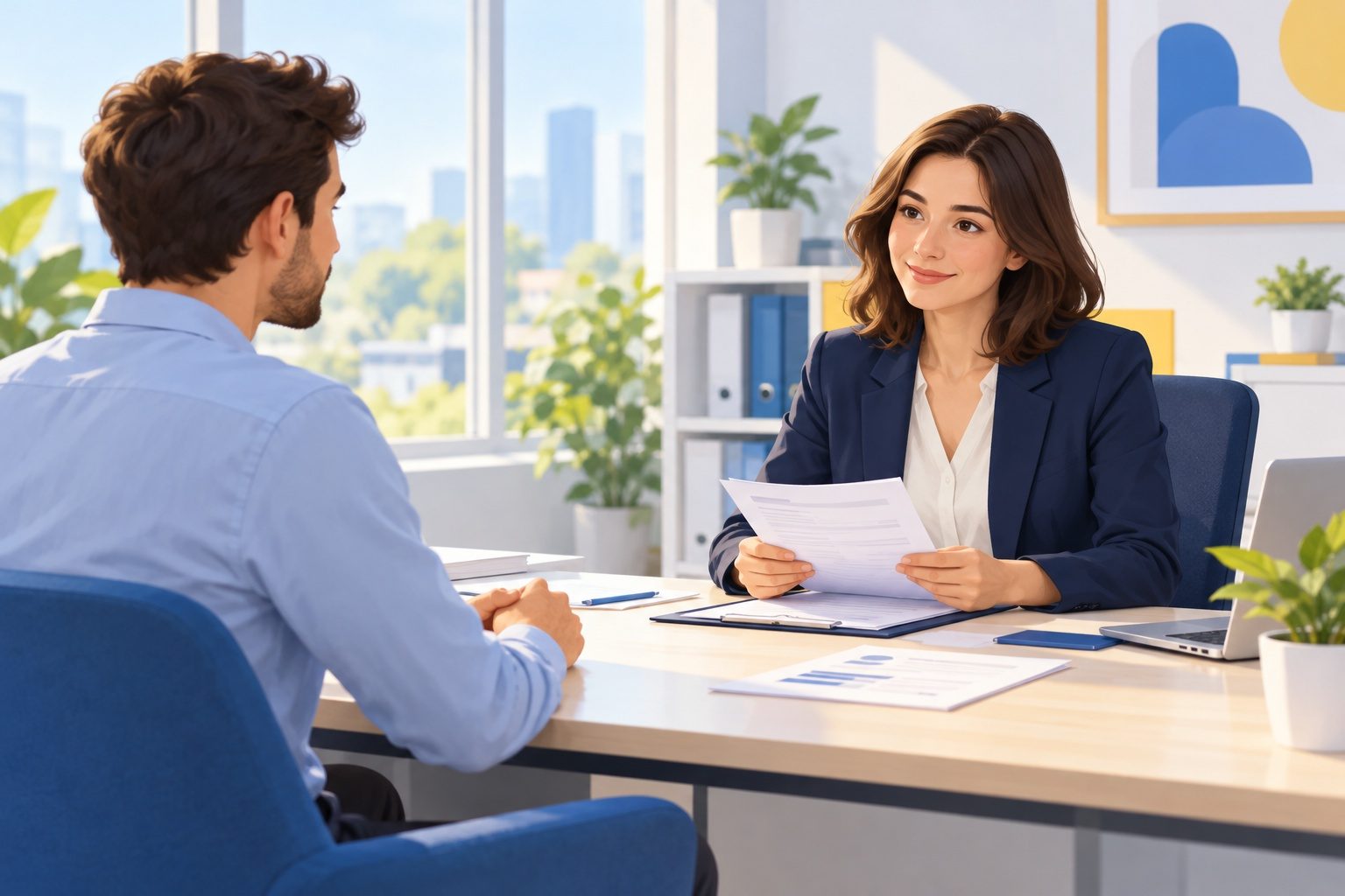 Entretien entre un salarié et une responsable des ressources humaines dans un bureau