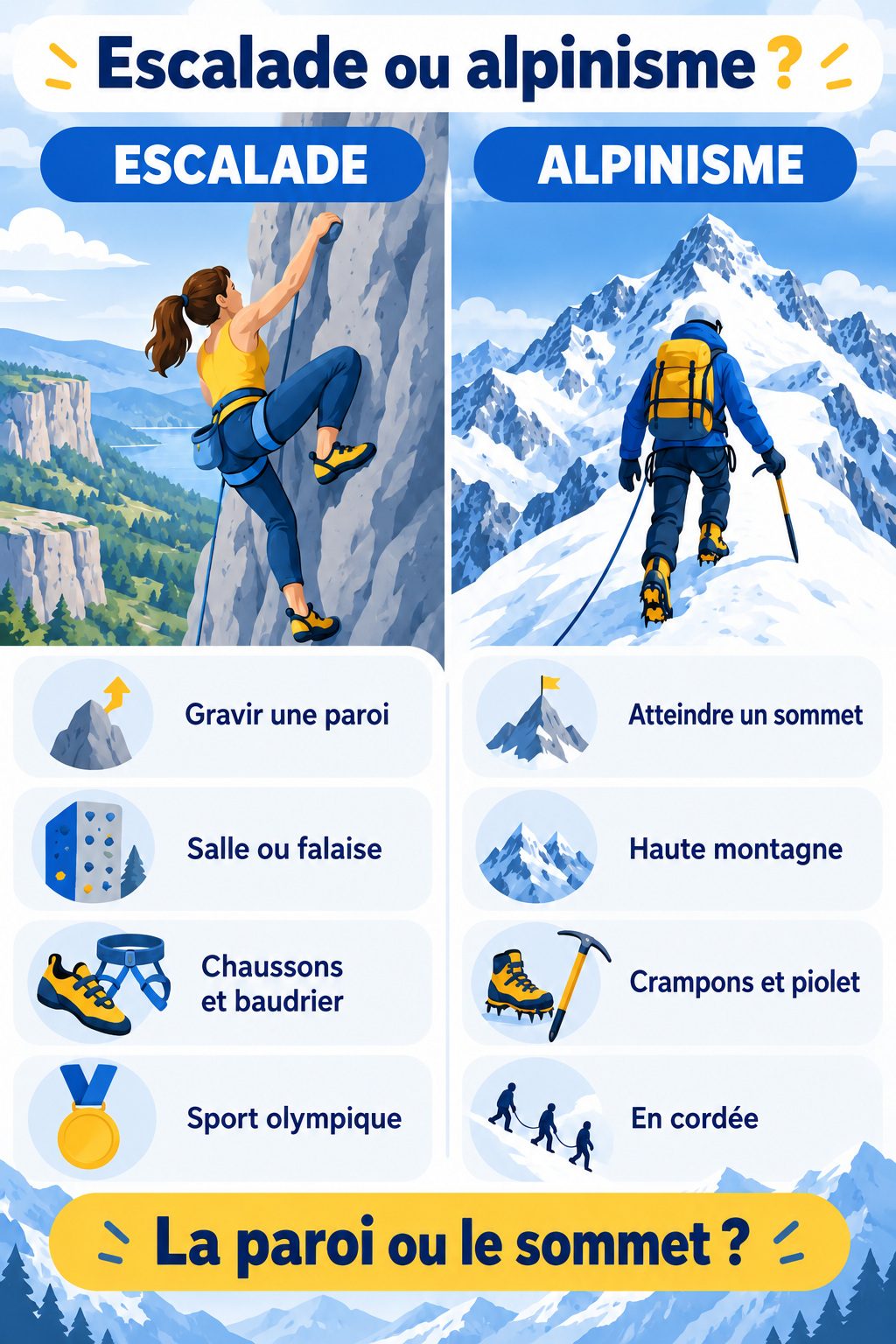 Différence entre escalade et alpinisme : infographie comparative