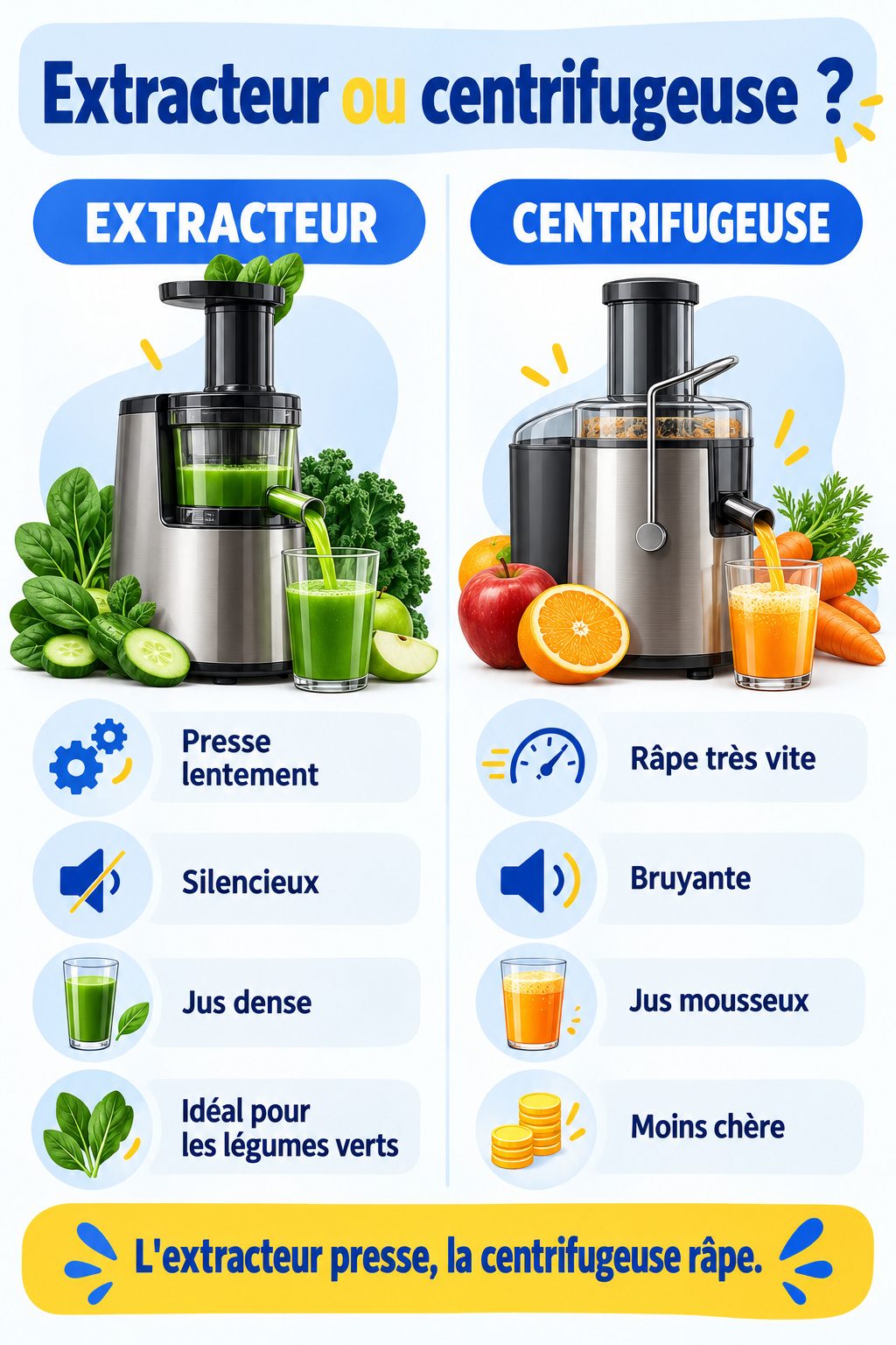 Différence entre extracteur de jus et centrifugeuse : infographie comparative