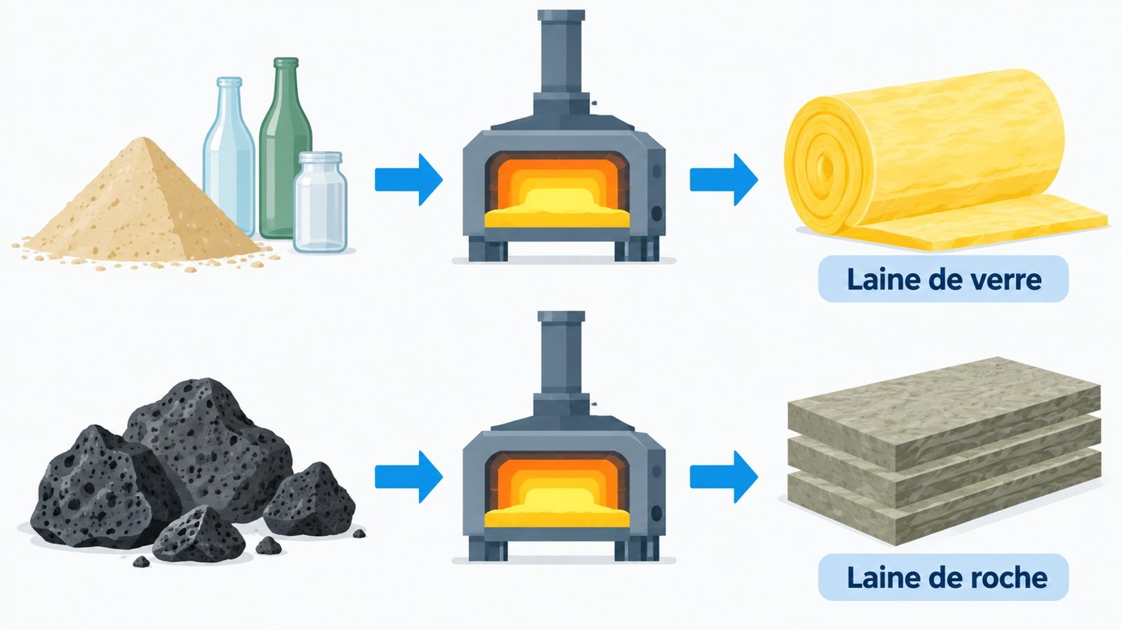 Schéma de fabrication de la laine de verre à partir de sable et de verre recyclé et de la laine de roche à partir de basalte