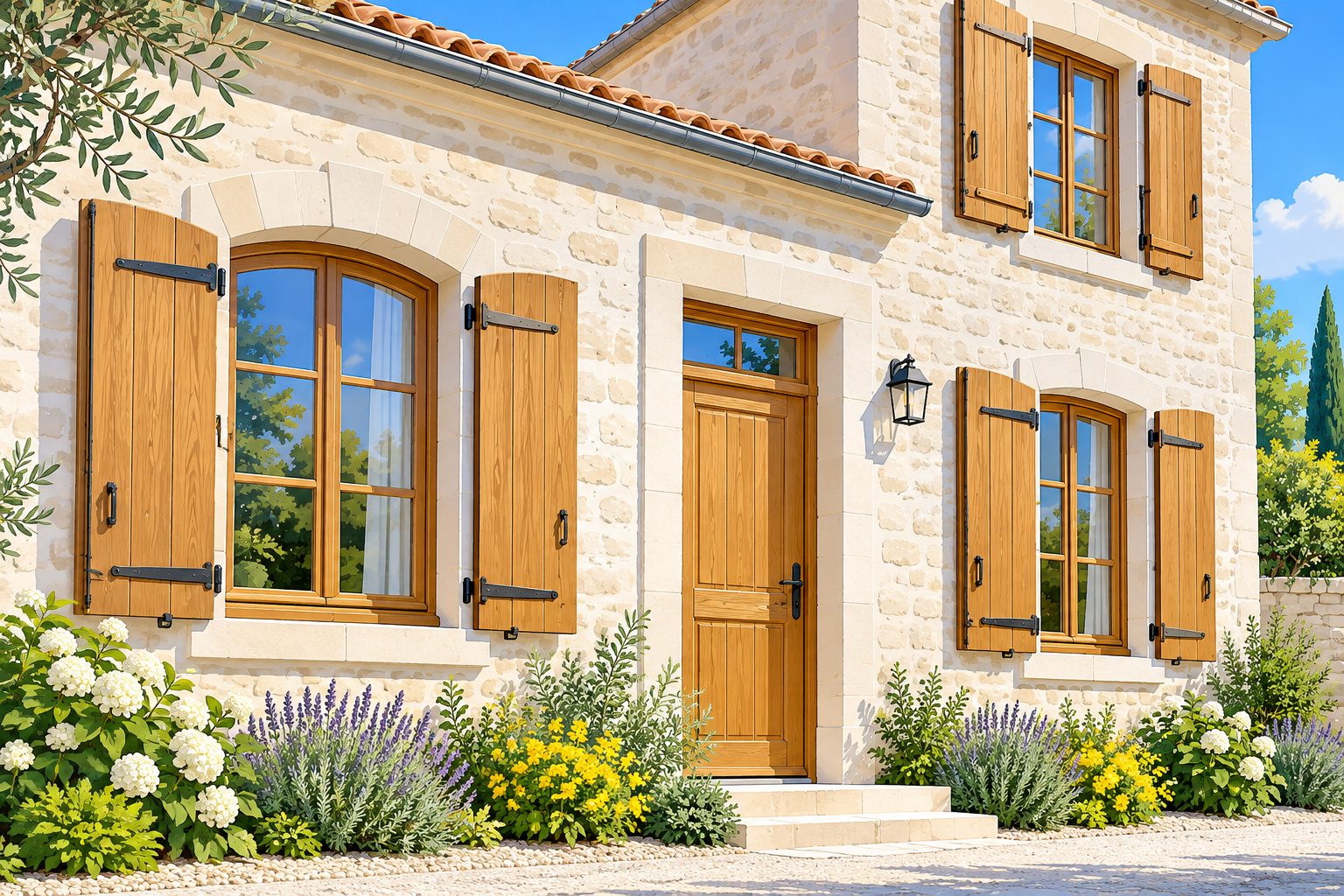 Façade de maison avec des volets et une porte en bois traités à la lasure