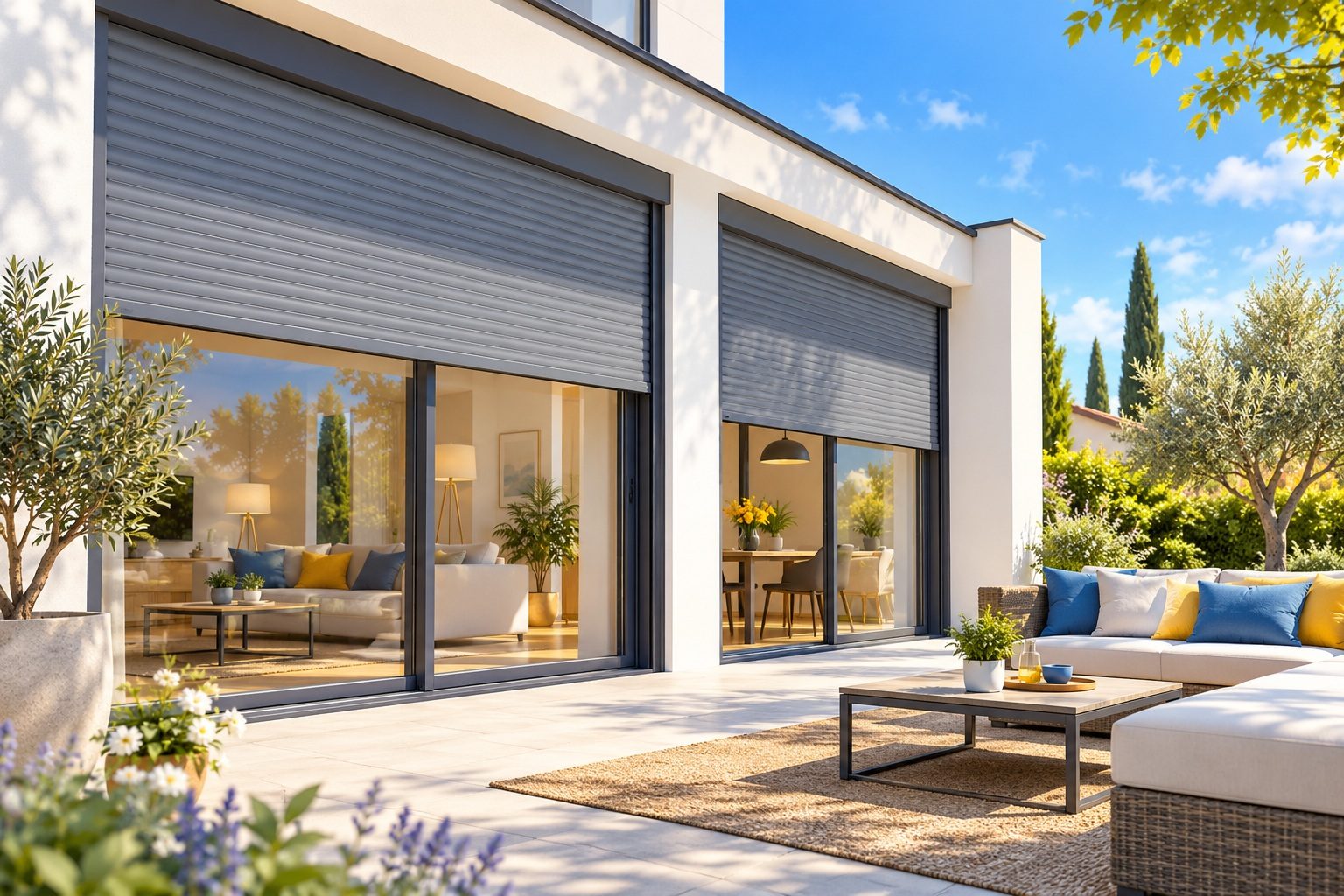 Façade de maison moderne avec des volets roulants extérieurs gris à moitié baissés devant de grandes baies vitrées, sous un ciel d'été