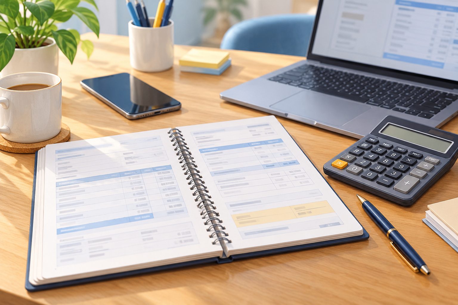 Bureau avec un carnet de factures, une calculatrice, un smartphone et un ordinateur portable