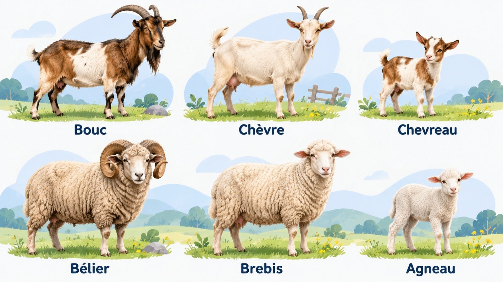 Le vocabulaire de la chèvre et du mouton : bouc, chèvre, chevreau, bélier, brebis, agneau