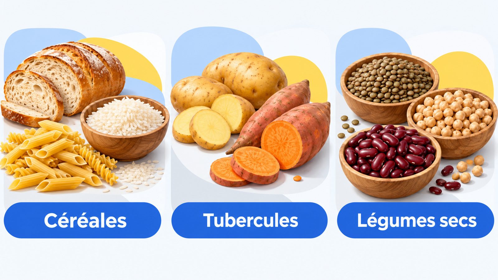 Planche des familles de féculents : céréales, tubercules et légumes secs