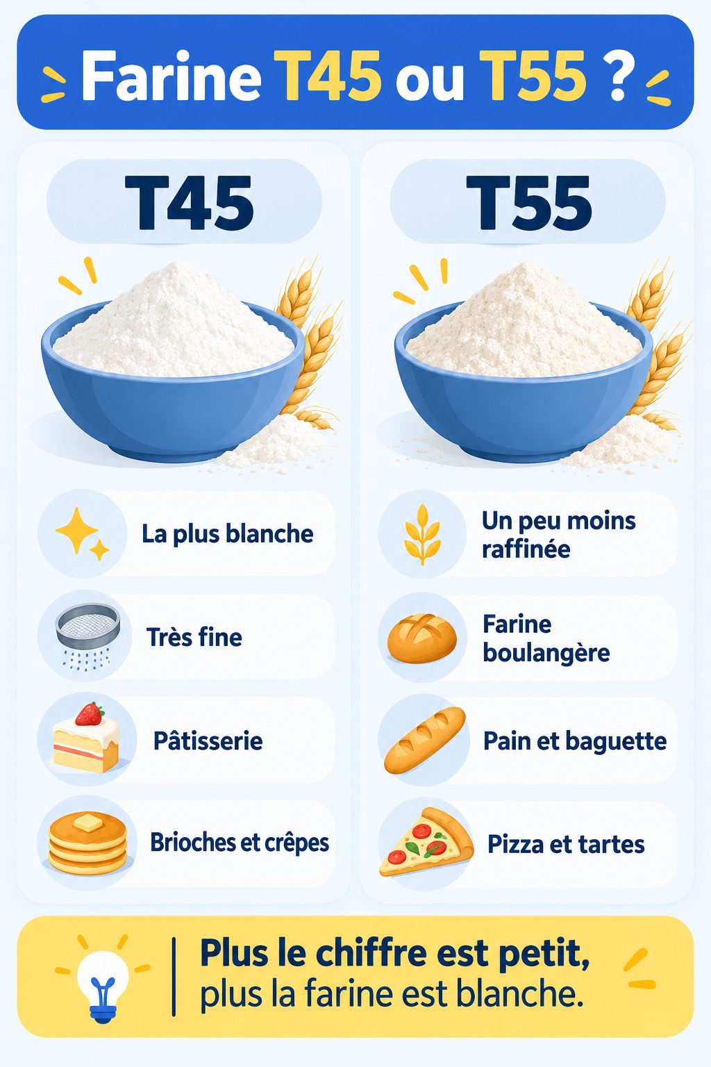 Différence entre farine T45 et farine T55 : infographie comparative