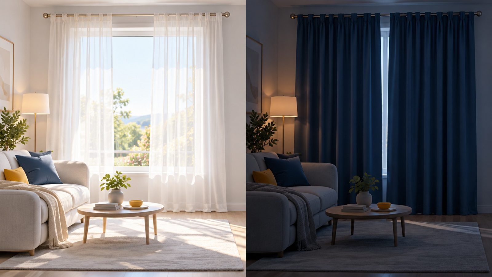 Deux fenêtres côte à côte : l'une habillée d'un voilage blanc qui laisse passer une lumière douce, l'autre d'un épais rideau bleu presque fermé qui assombrit la pièce