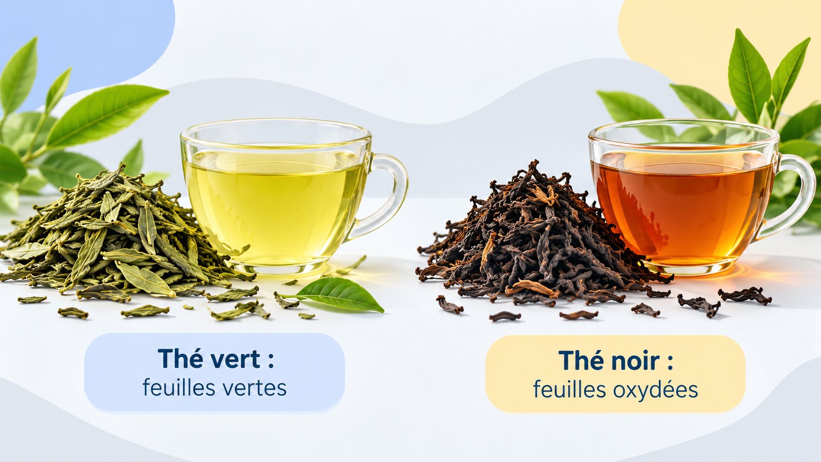 Comparaison de feuilles de thé vert et de feuilles de thé noir, sèches et infusées, avec leurs tasses