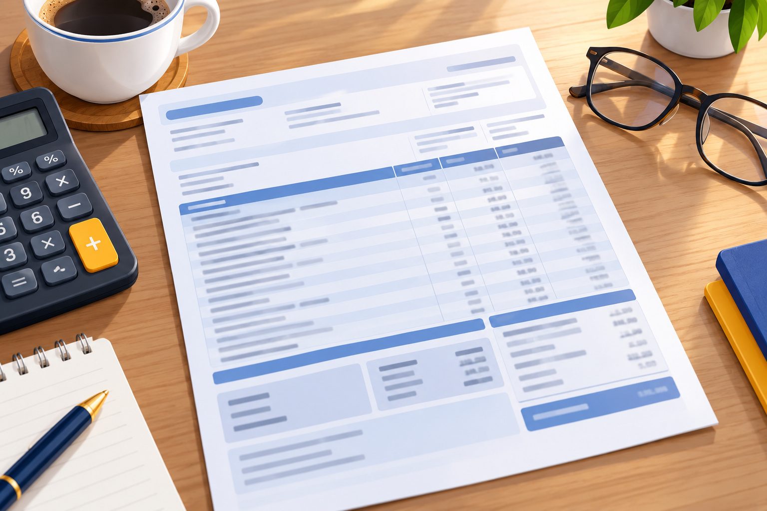 Fiche de paie générique sur un bureau avec une calculatrice et une tasse de café