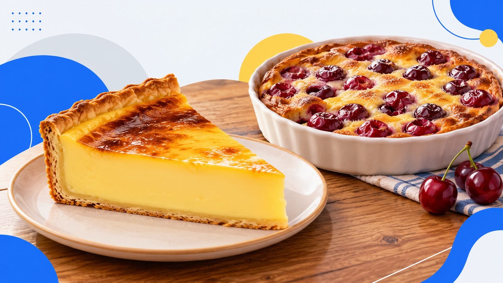 Part de flan pâtissier jaune et lisse sur fond de pâte à côté d'un plat de clafoutis aux cerises doré, sur une table en bois