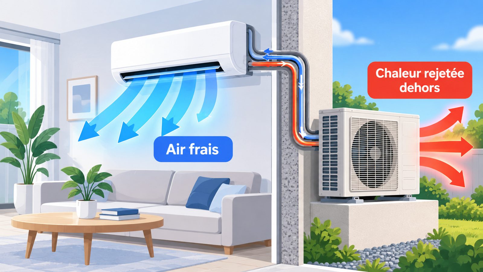 Schéma du fonctionnement d'un climatiseur qui capte la chaleur intérieure et la rejette dehors