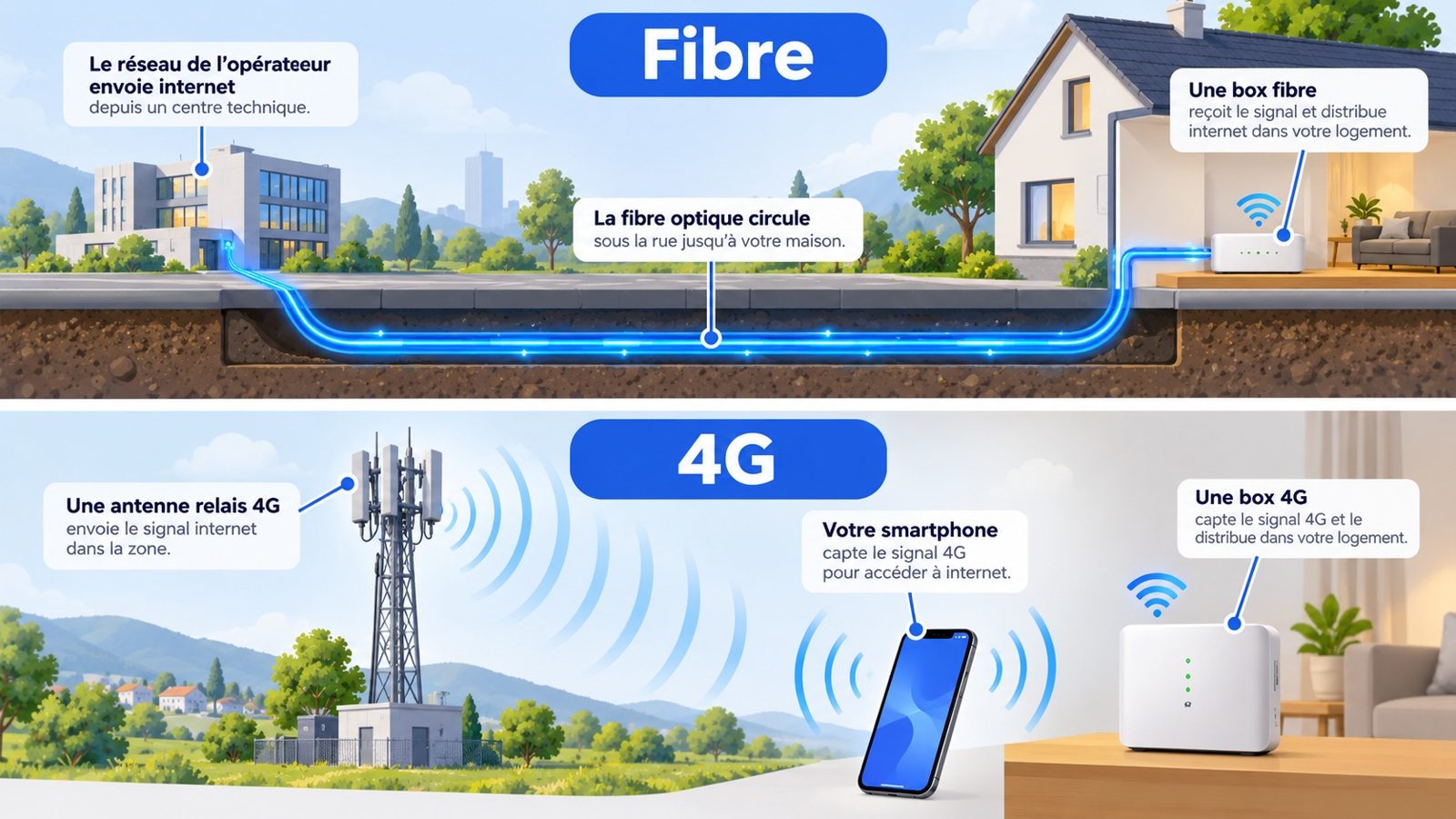 Schéma du fonctionnement de la fibre optique et de la 4G