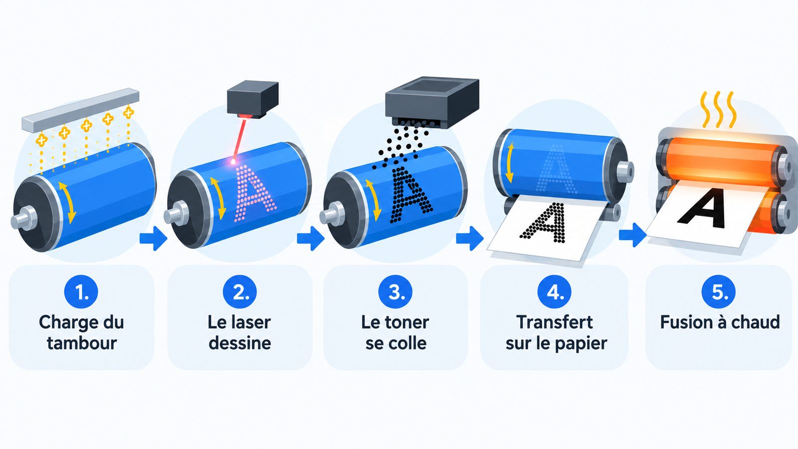 Schéma du fonctionnement d'une imprimante laser en 5 étapes