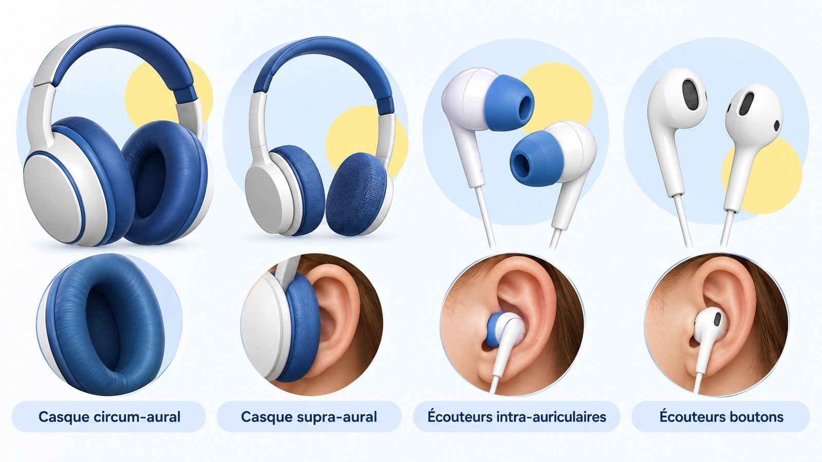 Comparaison d'un casque circum-auriculaire, d'un casque supra-auriculaire et d'écouteurs intra-auriculaires avec leur boîtier