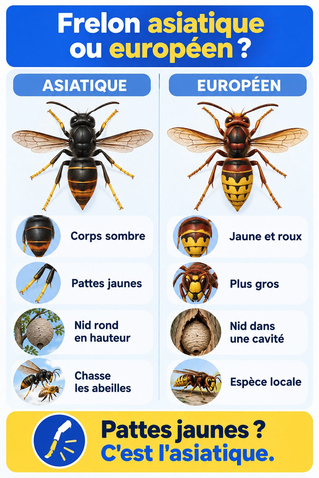 Différence entre frelon asiatique et frelon européen : infographie comparative