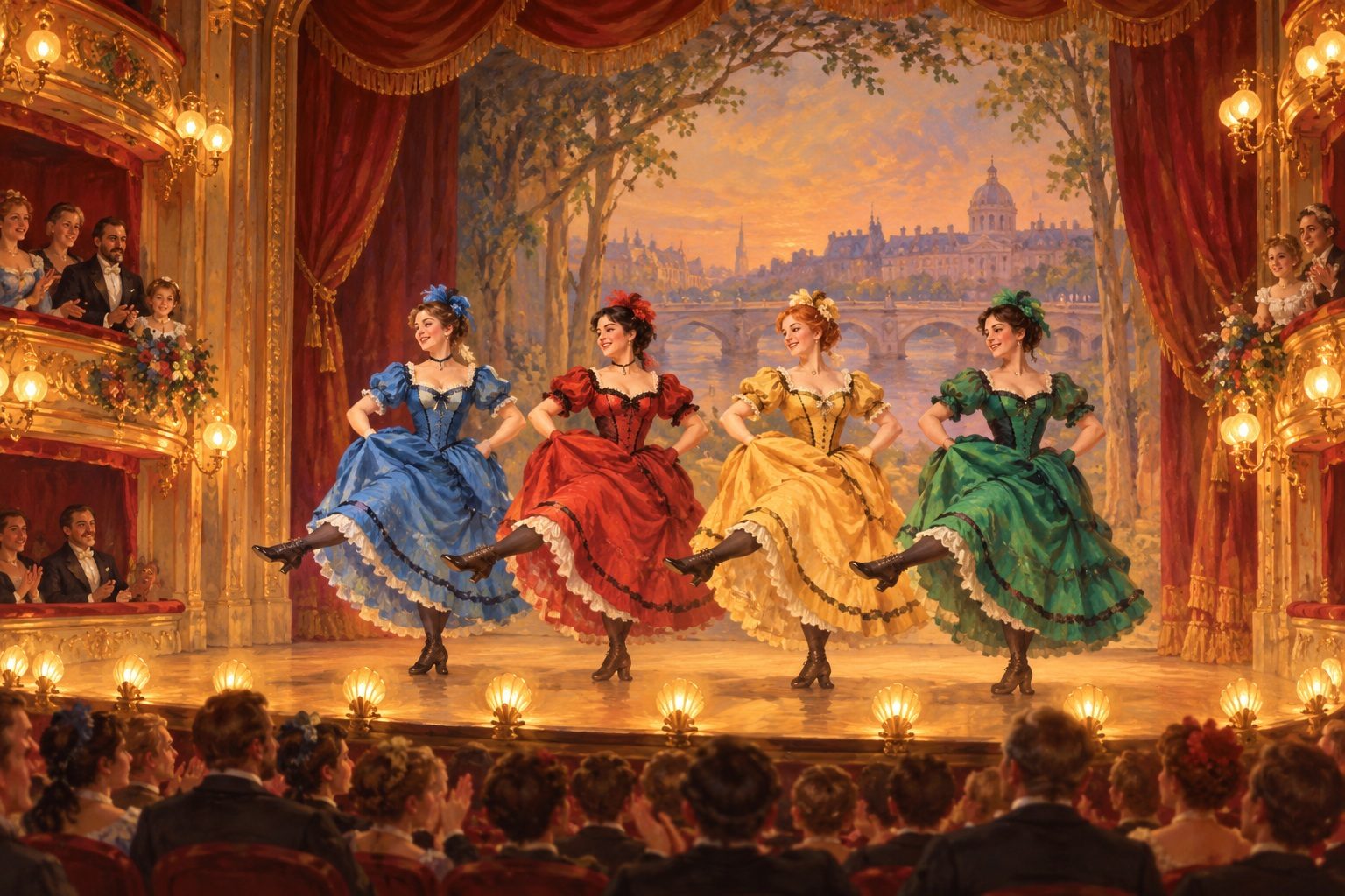 Danseuses de french cancan en jupons colorés levant la jambe sur une scène de théâtre du XIXe siècle