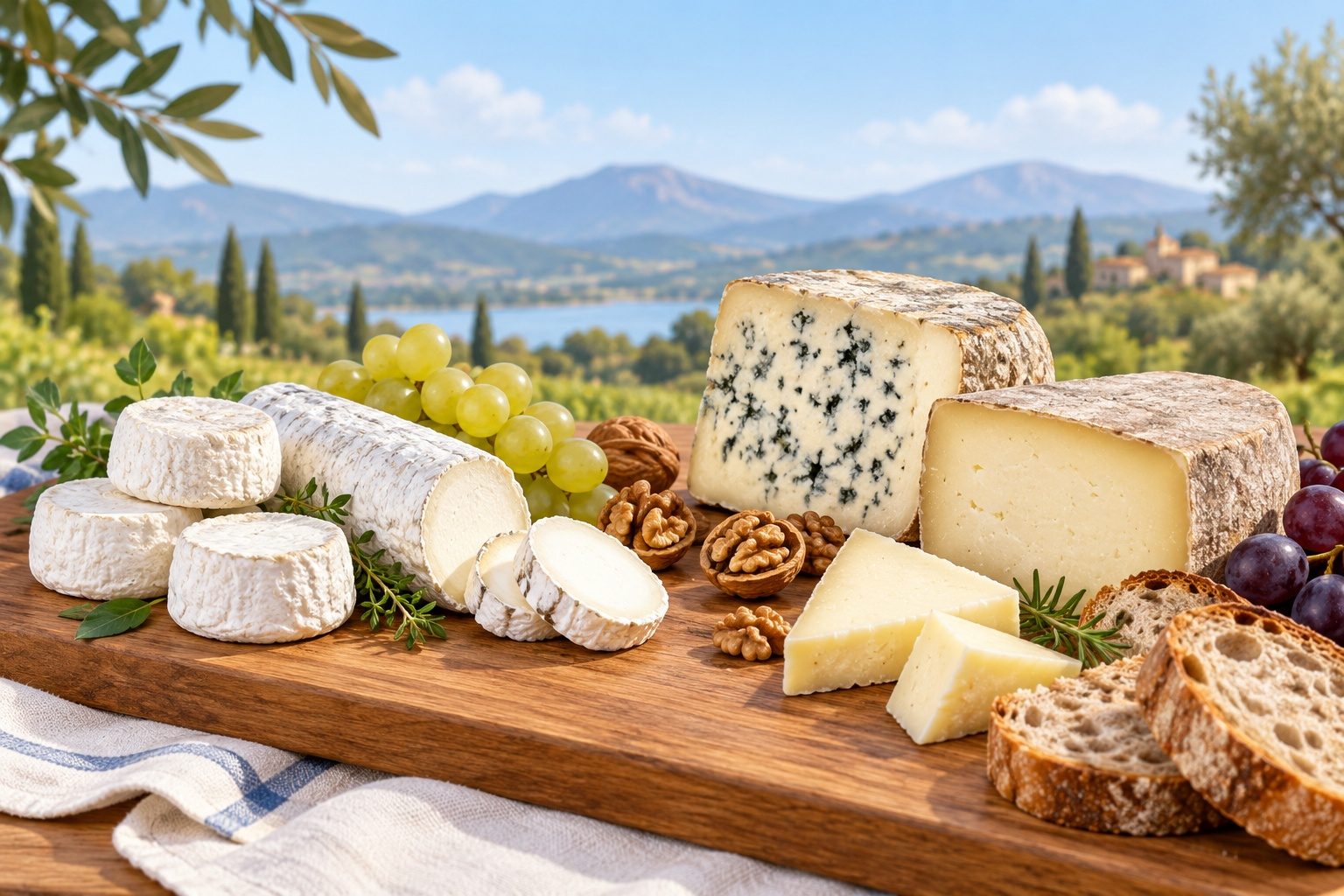 Plateau de fromages de chèvre et de brebis avec noix et raisin