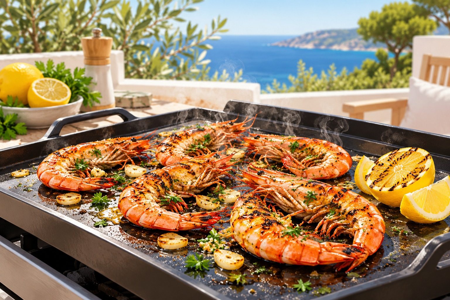 Gambas qui grillent sur une plancha avec de l'ail et du persil, à côté d'un citron coupé, en terrasse au soleil
