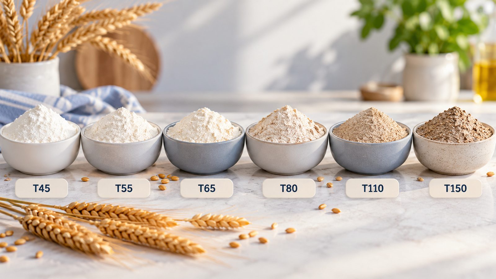 Rangée de petits bols de farines de la plus blanche à la plus foncée, de la T45 à la T150, avec des épis de blé