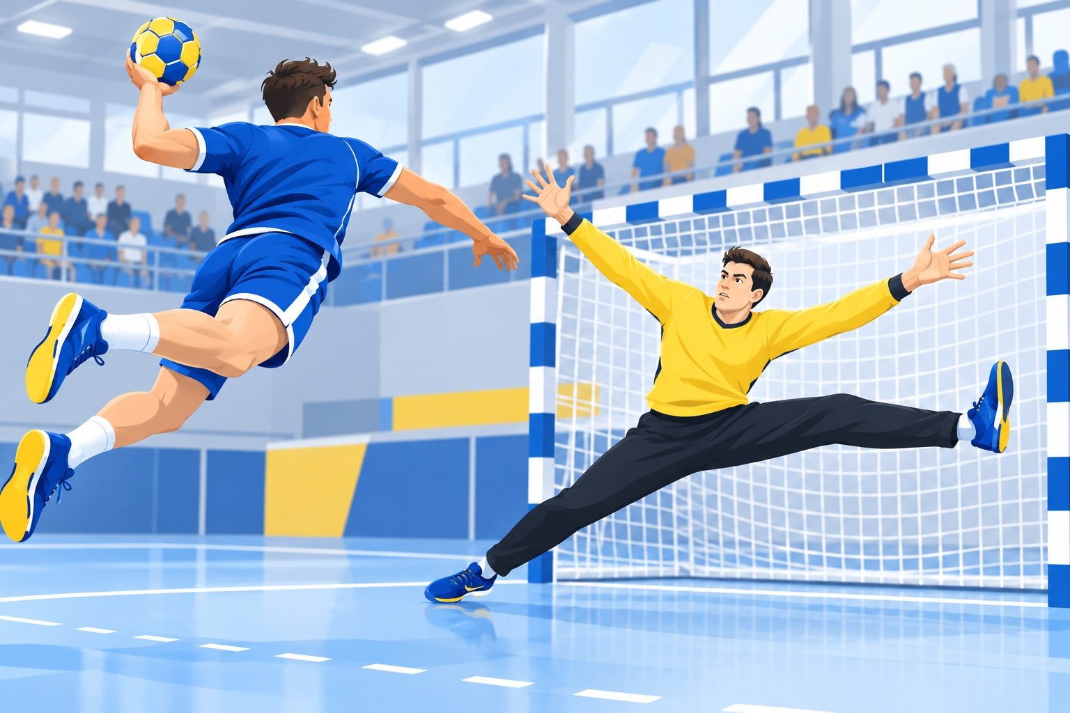 Gardien de handball en extension devant son but, bloquant un tir puissant d'un joueur en suspension