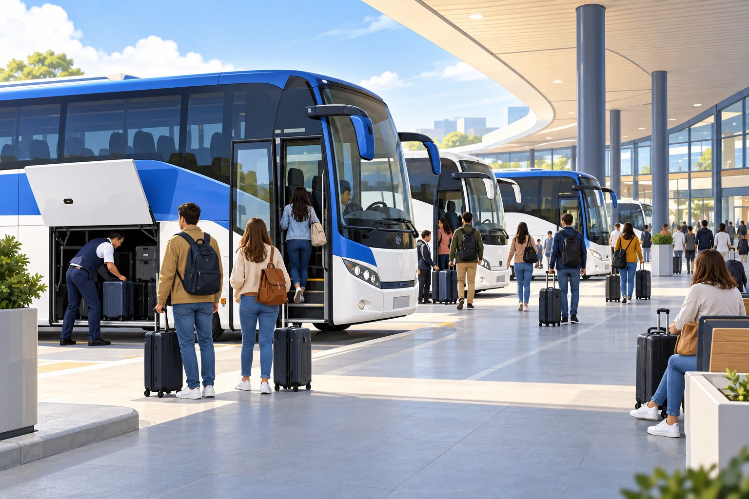 Gare routière avec des autocars stationnés et des voyageurs avec leurs valises