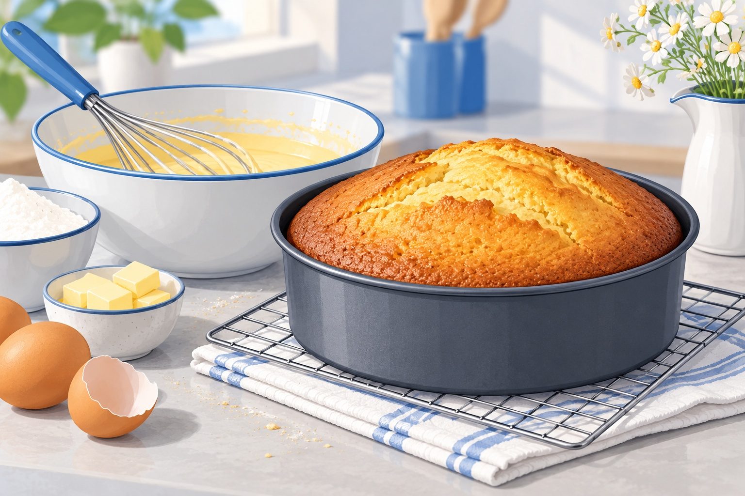 Gâteau maison bien levé sortant du four, avec un bol de pâte et un fouet sur la table