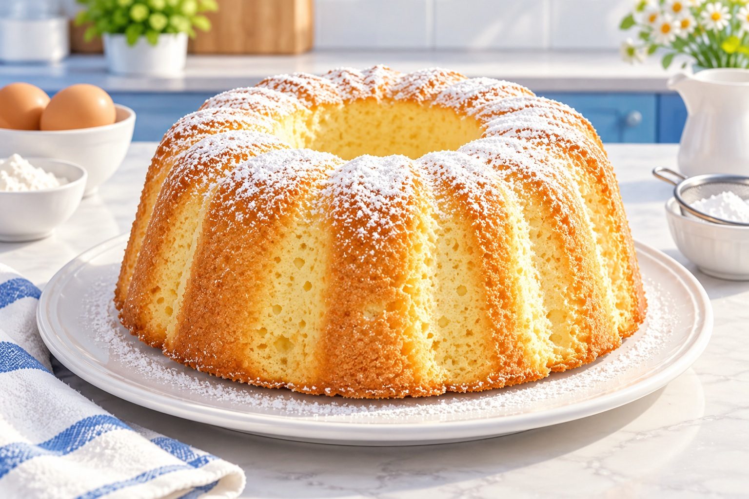 Gâteau de Savoie très aérien et doré posé sur un plat, saupoudré de sucre glace