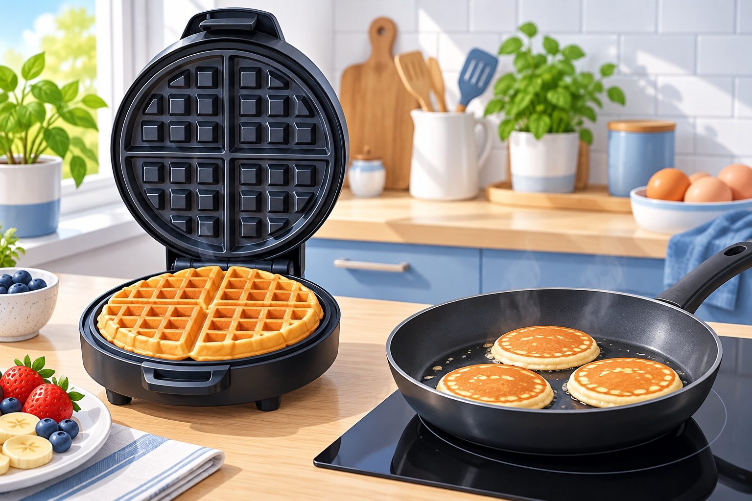 Gaufrier électrique ouvert avec une gaufre dorée à côté d'une poêle où cuisent trois petits pancakes, dans une cuisine lumineuse