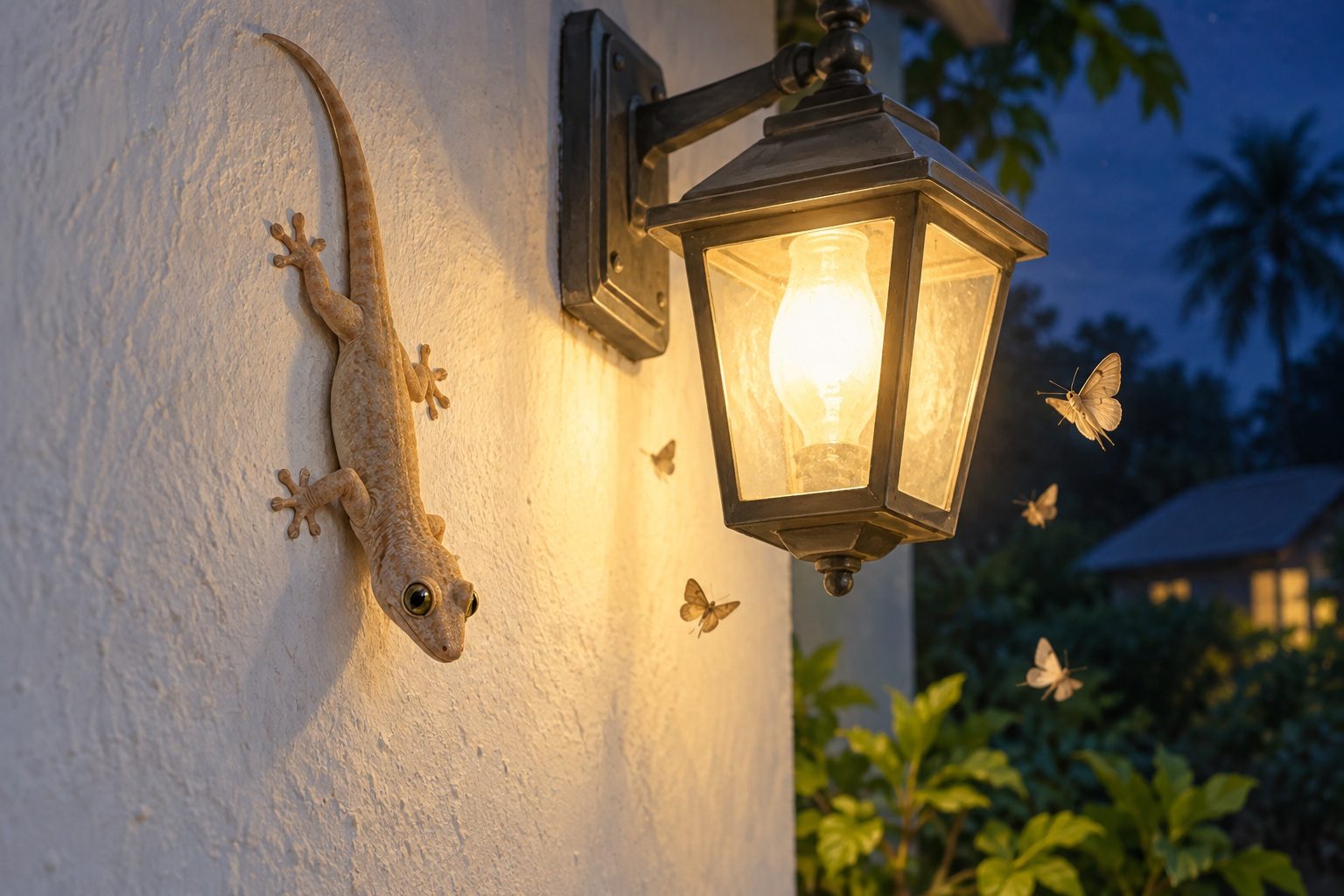 Gecko beige accroché à un mur blanc près d'une lanterne extérieure allumée, le soir, avec quelques papillons de nuit