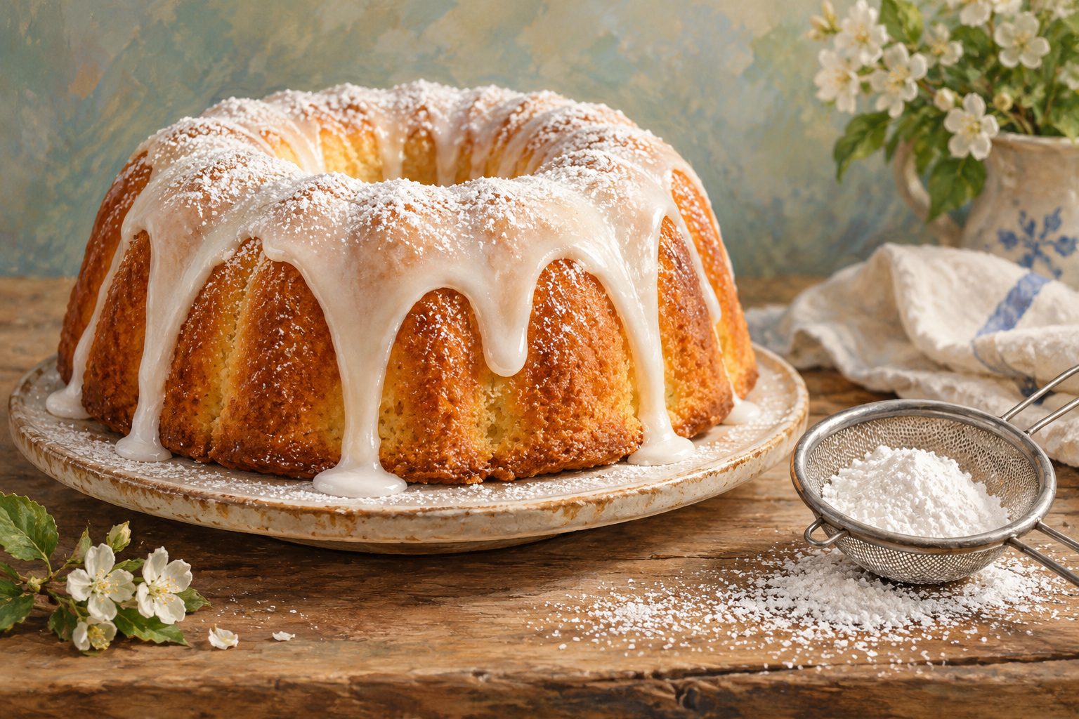 Gâteau recouvert d'un glaçage blanc au sucre glace qui coule sur les bords, à côté d'une petite passoire de sucre glace