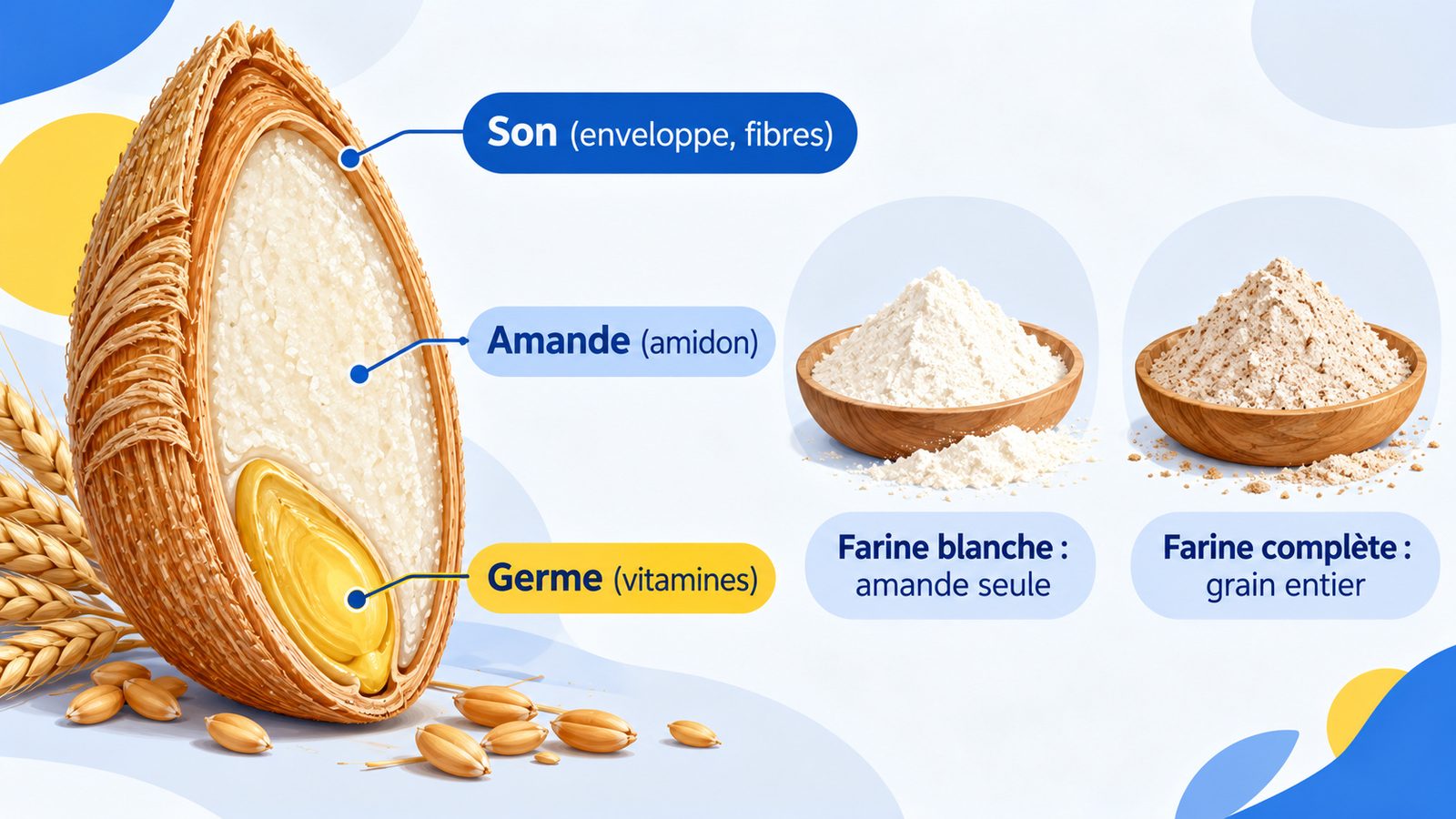 Grain de blé en coupe : son, amande et germe